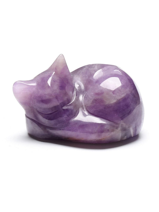 Jovivi Amethyst Sleeping Cat Crystal Figurine, 1.6" Natural Stone Polished Carved Gemstone Lucky Kitten Statue Sculpture for Home Office Desk Decor, Gifts for Women and Cat Lovers