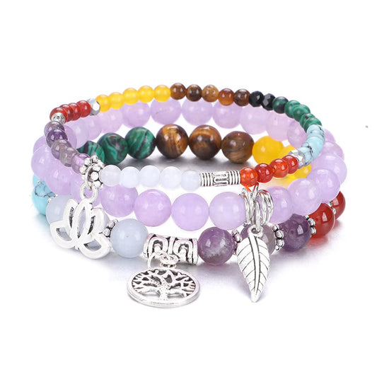 UEUC Natural Gemstone Chakra Bracelets for Women, Multilayer Tree of Life Lotus Crystal Healing Stone Bracelet Sets, Yoga Meditation Reiki Relax Bracelets for Stress Relief(#124)