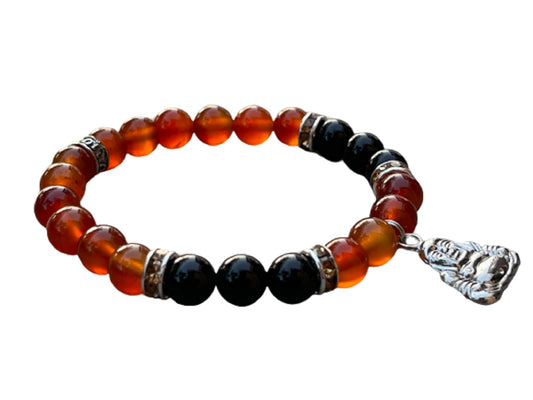 GAF TREASURES Red Agate & Black Onyx with Happy Buddha Crystal Bead Bracelet 8mm, Genuine Red Agate & Black Onyx Stretch Gemstone Bracelet, Healing Crystal Bracelet, Gift for Men & Women (1)
