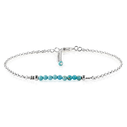 YANARA Turquoise Ankle Bracelet for Women Jewelry, Natural December Birthstone, Gemstone Beads, Handmade Dainty Anklet 9"+1.25" inch, 3mm Rounds, Chakra Energy Crystals, Silver Plated Chain