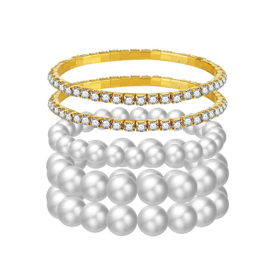 COLORFUL BLING Women Multilayer Temperament Imitated Pearl Stackable Strand Bracelets Beaded Seed Heart Rhinestone Crystal Stretch Bracelet Wedding Wrist Jewelry-five layer gold