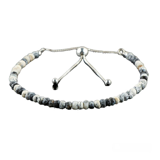 CRYSTALINES Natural Dendrite Opal Gemstone Bolo Bracelet, Faceted Beads Stones, Hypoallergenic Handmade Boho Jewelry for Women, Healing Crystals, Adjustable Silver Chain 6+4inch, Birthday Gift