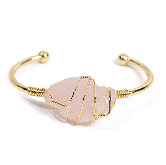 COLORFUL BLING Healing Stone Gold Plated Copper Wire Wrapped Natural Stone Cuff Bangle Gemstone Bracelet Chakra Energy Women Adjustable Open Bracelet Jewelry-C pink