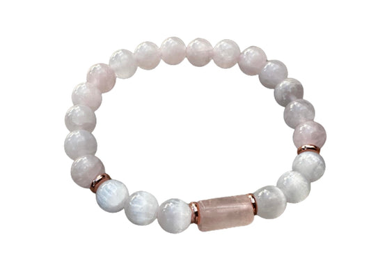 GAF TREASURES Rose Quartz and Selenite Crystal Bead Bracelet 8mm, Genuine Rose Quartz Cylinder with Copper Discs Stretch Gemstone Bracelet, Healing Crystal Bracelet, Gift for Men & Women (1)