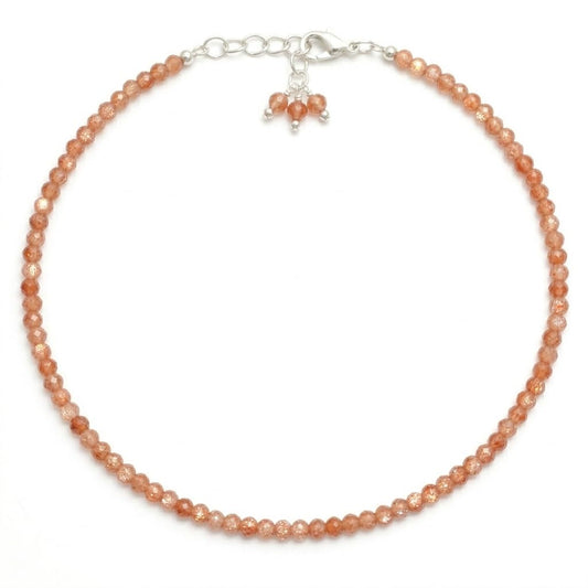 Gempires Handmade Sunstone Gemstone Beaded Bracelet for Women | 2.4–2.5 mm Faceted Natural Stone | Adjustable 7+1 Inch Silver Plated Chain | Dainty Minimalist Stacking Jewelry | Orange Sparkle Stone Gift