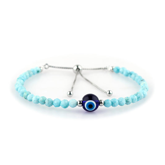 CRYSTALIS Natural Sea Larimar, Pectolite, Evil Eye, Pearl Beads Slider Bracelet for Relationship Protection, Chakra Healing Gemstone, Women Jewelry with 925 Sterling Silver Slider 10 inch