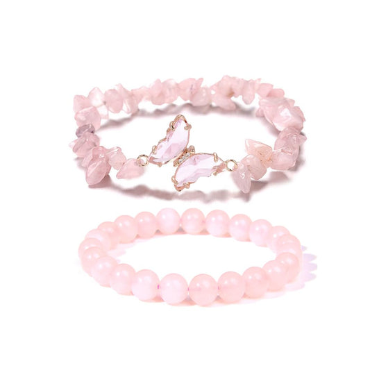 COLORFUL BLING 2Pcs Natural Irregular Chip Stones Butterfly Bracelet Set Gemstone Healing Chakra Crystal Bracelet Reiki Yoga Bead Stretch Bracelet Jewelry Mediation Gifts-pink