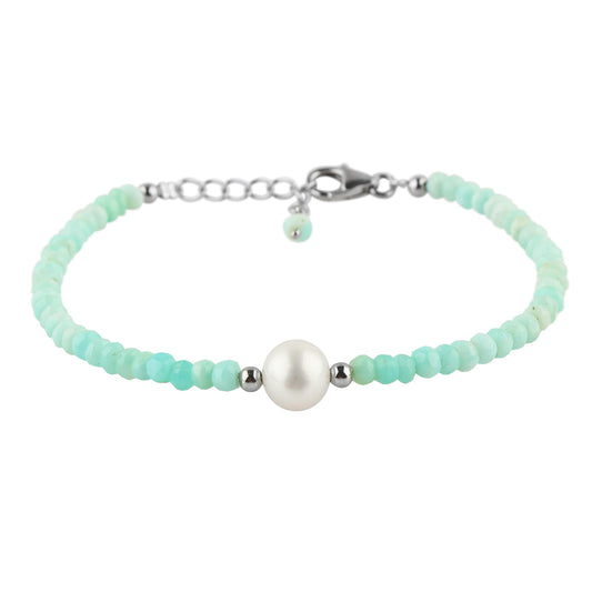 CRYSTALIS Natural Peruvian Opal Beads Adjustable Bracelet with Elegant Pearl, High Grade Gemstones, Chakra Healing Stones, Gift Giving Jewelry, 925 Sterling Silver Womens Bracelet 8 inch