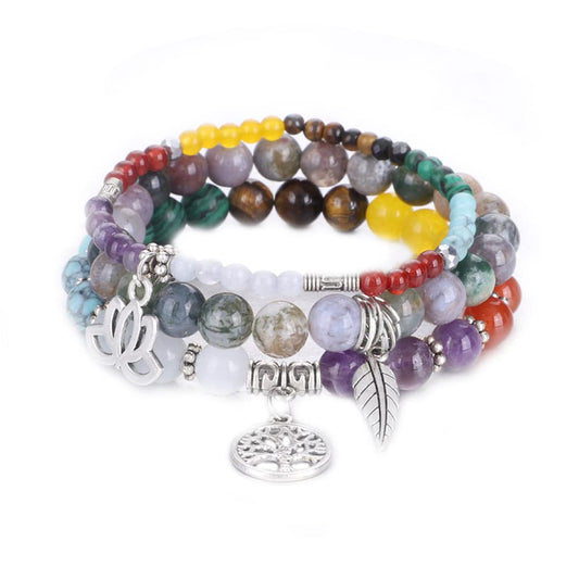 UEUC Natural Gemstone Chakra Bracelets for Women, Multilayer Tree of Life Lotus Crystal Healing Stone Bracelet Sets, Yoga Meditation Reiki Relax Bracelets for Stress Relief(#77)