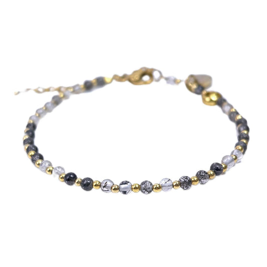 Morchic 3mm Black Rutilated Quartz Tiny Beads Bracelet for Women, Adjustable 7.1" Dainty Handmade Energy Gem Jewelry, Birthday Gift