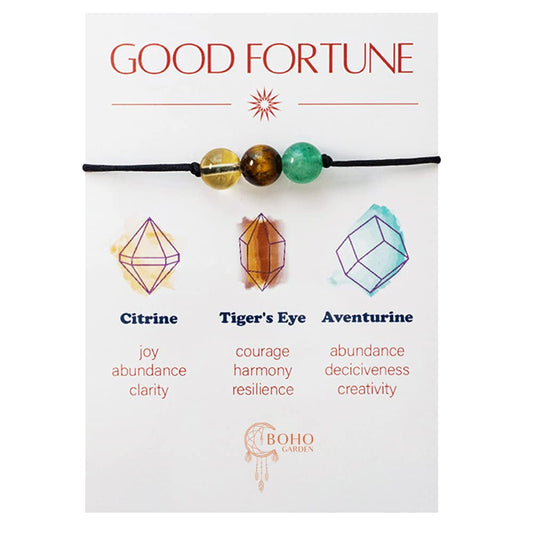 BOHO GARDEN Healing Crystal Bracelet for Good Fortune - 3 Real Natural Gem Stones - Adjustable, Beaded Bracelets for Men, Women, Teens - 8mm Bead