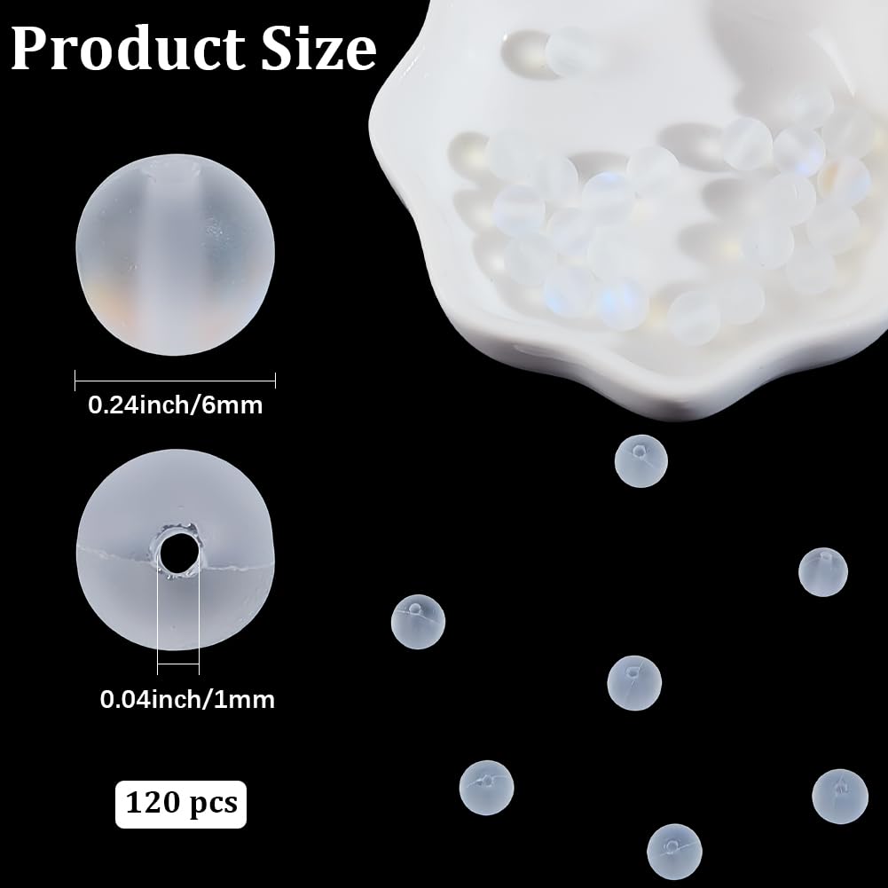 PONABEADIY 1 Box 120PCS 6MM Matte Moonstone Round Beads with Holes Frosted White Transparent Clear Spacer Loose Gemstone Stone Crystal Bead Bulk for Jewelry Making Necklace Bracelet Diy Craft Supplies