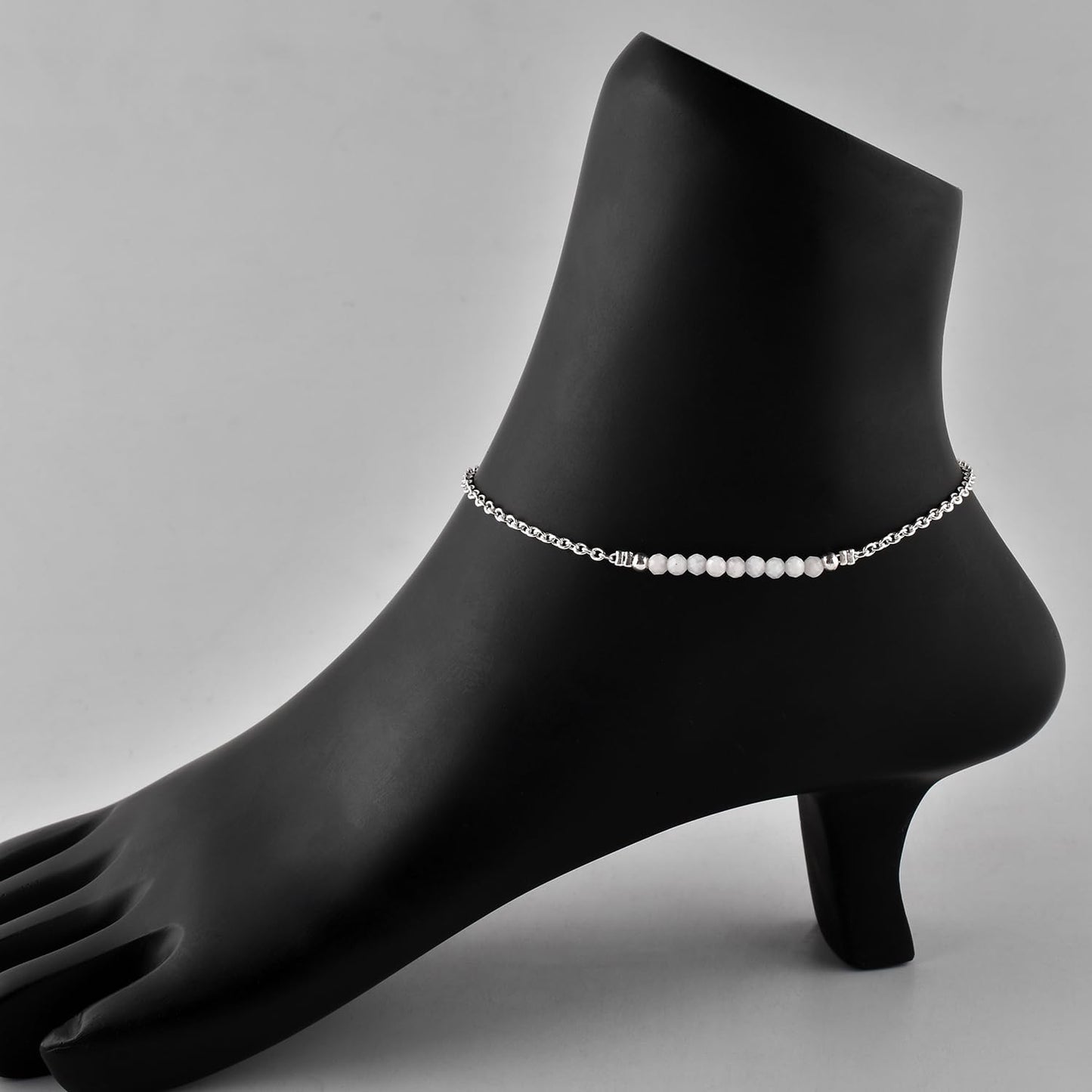 YANARA White Opal Ankle Bracelets for Women Natural October Birthstone Beaded Jewelry, Dainty Gemstones Anklets 9"+1.25" inch Silver Plated Adjustable Chain, Chakra Healing Crystals