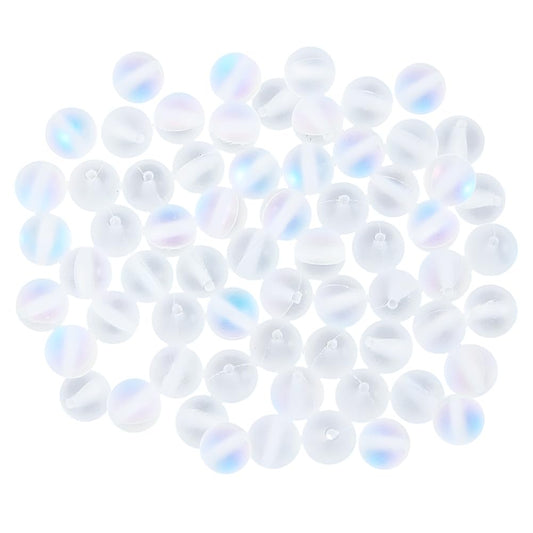 PONABEADIY 1 Box 120PCS 8MM Moonstone Matte Round Beads with Holes Iridescent Frosted White Clear Transparent Gemstone Stone Spacer Loose Bead Bulk for Jewelry Making Necklaces Bracelets DIY Craft