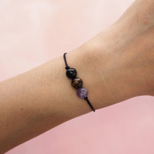 BOHO GARDEN Healing Crystal Bracelet for Removing Negativity - Spiritual Beaded Bracelets - 3 Real Natural Gem Stones, Adjustable 3-9.7” Rope - Gemstone Jewelry for Men, Women, Teens (13+) - 8mm Bead