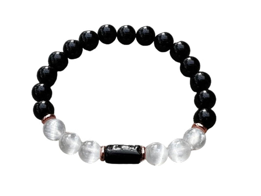 Black Tourmaline and Selenite Crystal Bead Bracelet 8mm, Genuine Black Tourmaline Cylinder with Copper Discs Stretch Gemstone Bracelet, Healing Crystal Bracelet, Gift for Men & Women (1)