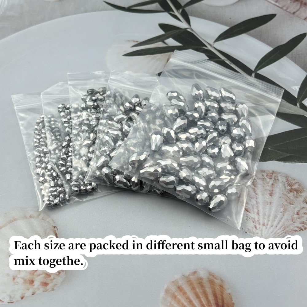 Xinhongo 340pcs Teardrop Crystal Glass Beads 3x5mm 4x6mm 6x8mm 8x12mm 10x15mm Vertical Hole Faceted Glass Spacer Beads for Necklace Bracelet Earrings DIY Jewelry Crafts(Silver)