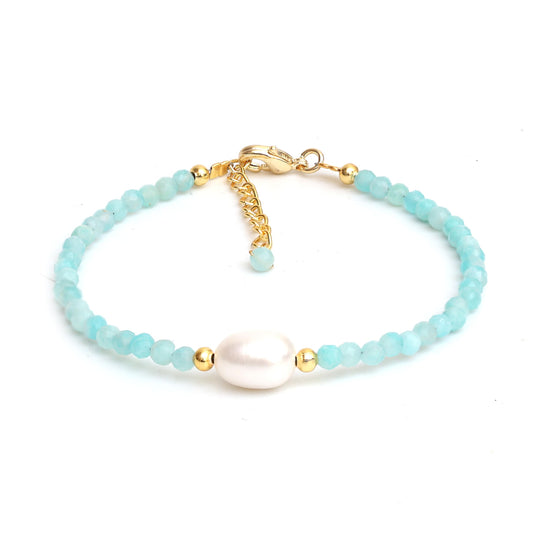 Gempires Amazonite Beaded Bracelet with Freshwater Pearl Gemstone Jewelry Lightweight Handmade Crystal Bracelets Hypoallergenic 7.5 Inch Gold Plated Trending Jewelry Gifts For Women