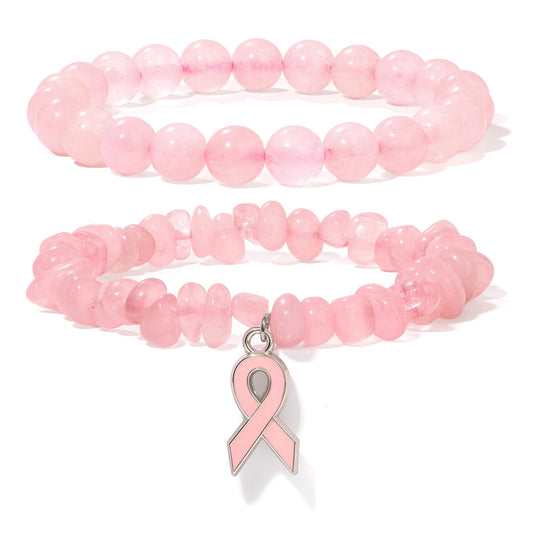 GolbalJew Breast Cancer Awareness Bracelets for Women Pink Ribbon Charm Rose Quartz Beads Bracelet Natural Stone Breast Cancer Encouragement Jewelry Gifts