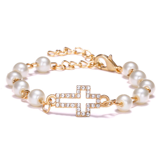 Dreuyet Pearl Beaded Bracelet for Women Trendy Cubic Zirconia Butterfly Starfish Cross Star Statement Bracelets Christmas Wedding Jewelry Gifts (cross)