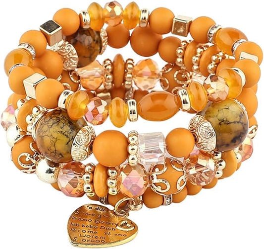 Jewellify Stackable Beaded Bracelets for Women Retro Tassel Multi-Layer Mixed Color Beaded Bracelet Bangles Set Gemstone Woven Female Jewelry Bracelet (Organe)