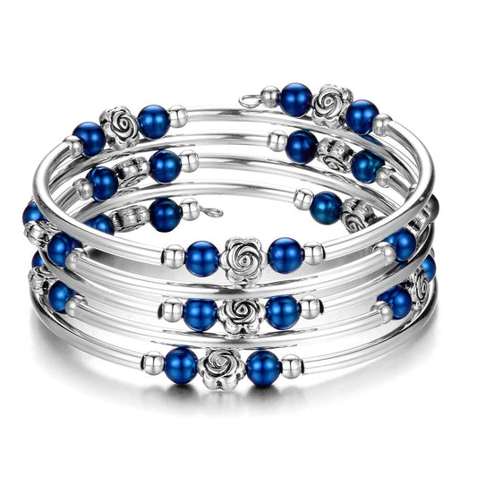 BULINLIN Wrap Bangle Rose Bead Bracelet - Beaded Bracelet with Natural Agate Stone Gifts For Women(01-Sapphire pearl)