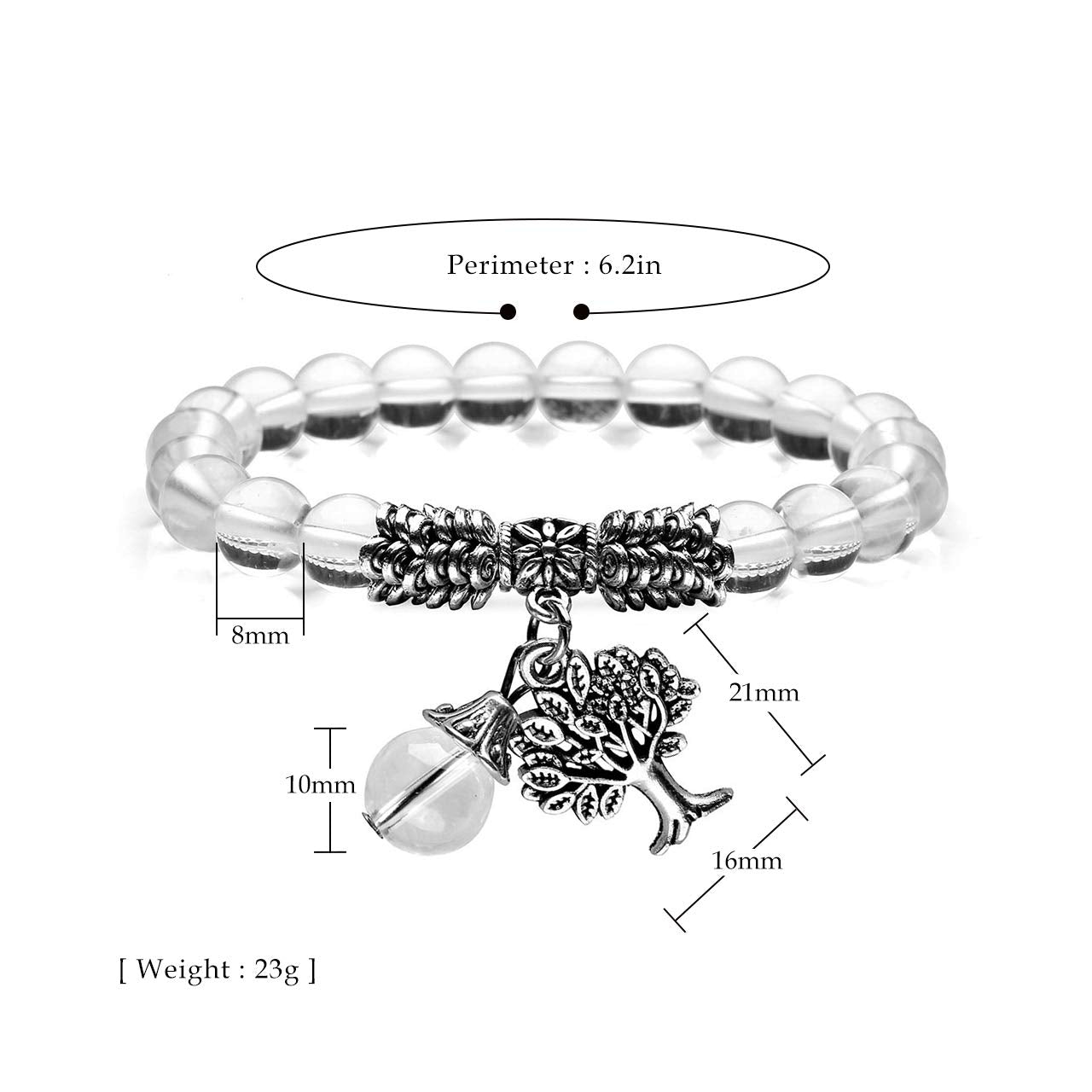 Jovivi 8MM Clear Quartz Natural Gemstone Healing Crystal Tree Life Lucky Charm Stretch Bracelet