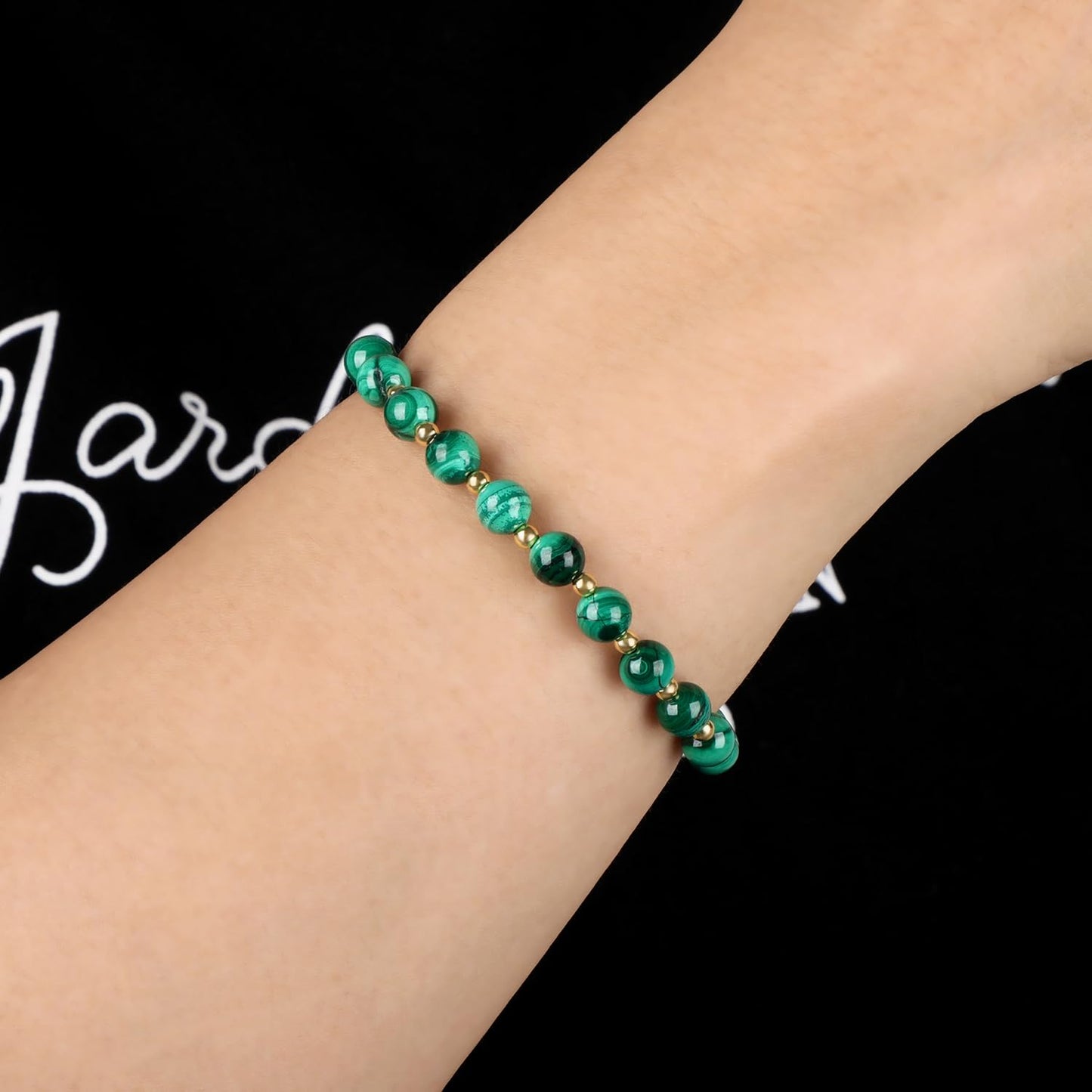QOGIR Malachite - Transformation - 14K Gold Plated Beads Natural Gemstone Stretch Elastic Dainty Healing Beaded Bracelets Gifts 6mm