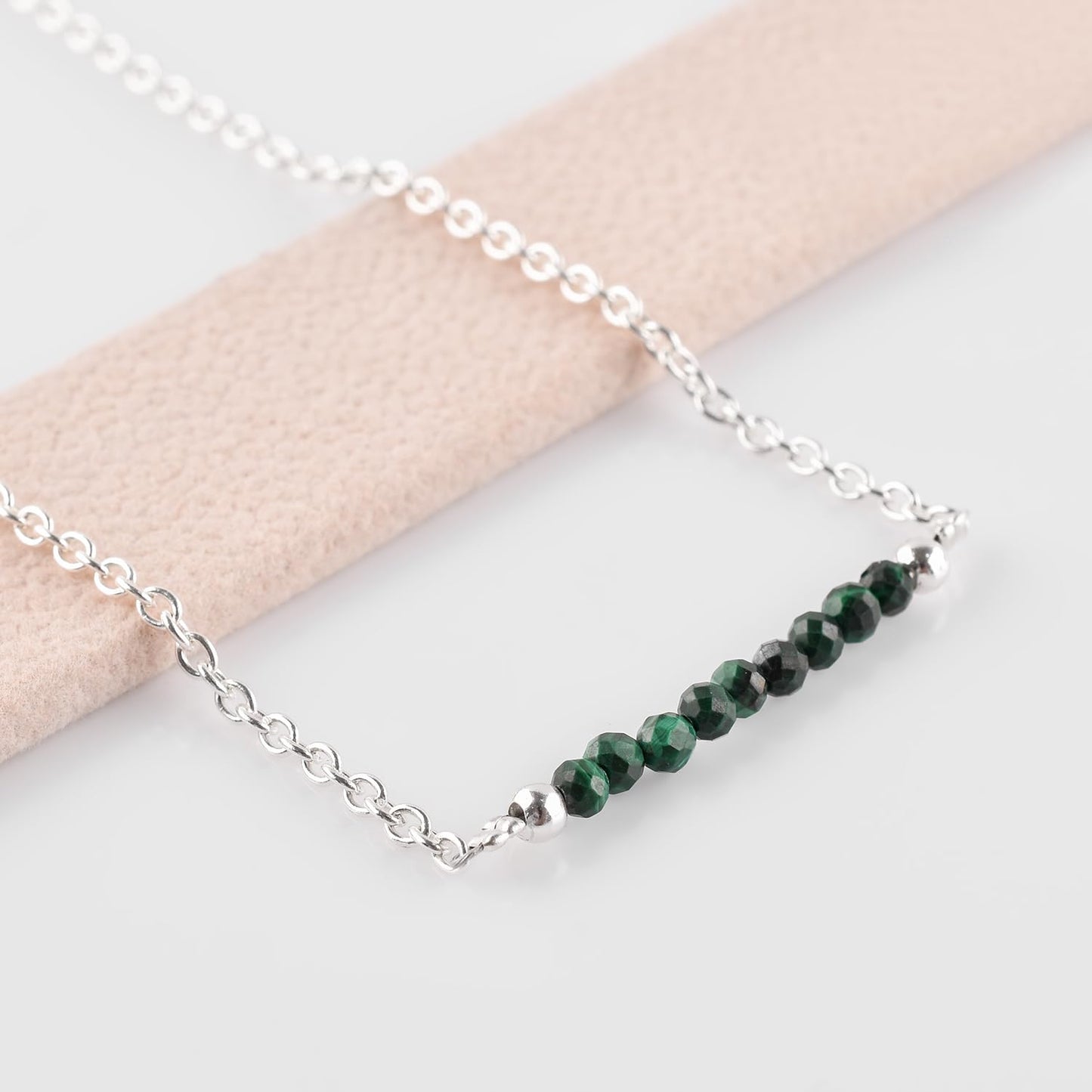 YANARA Malachite Ankle Bracelet for Women Jewelry, Natural Birthstone, Gemstone Beads, Handmade Dainty Anklet 9"+1.25" inch, 3mm Rounds, Chakra Energy Crystals, Silver Plated Chain