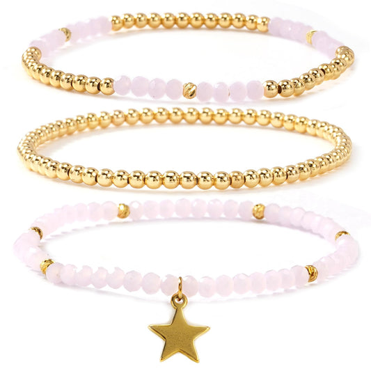 Bohxantium Gold Beaded Bracelets Stack for Women Boho Dainty 14K Gold Plated Beads Ball Pink Crystal Star Stackable Stretch Non Tarnish Colorful Elastic Trendy Jewelry Birthday Prom Friendship Gift
