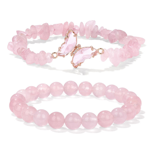 GolbalJew Rose Quartz Bracelet for Women Healing Crystal Stone Bracelets Pink Gemstone Beads Stretch Bracelet Butterfly Charms Jewelry Women Gift