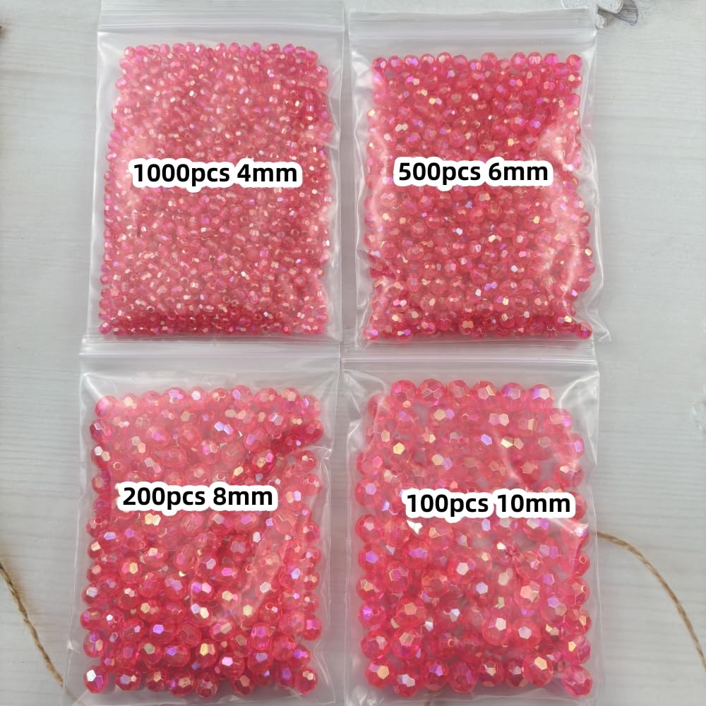Pinhoollgo 1800pcs Acrylic Faceted Round Beads 4mm 6mm 8mm 10mm AB Colors Glossy Acrylic Round Spacer Beads with Hole for DIY Bracelet Necklace Jewelry Making Supplies Handmade Craft(Rose Red AB)