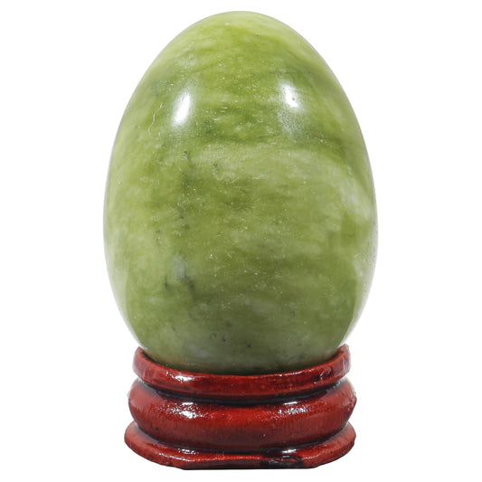 Fekuar Stone Egg Figurine, Polished Healing Crystal Easter Eggs Sphere Sculpture with Wood Stand, Green Jade, 1.8"
