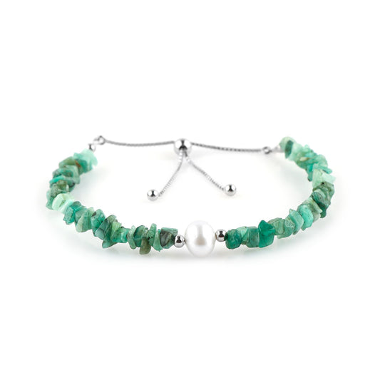 CRYSTALIS Natural Emerald Beads Slider Bolo Bracelet with Elegant Pearl, Uncut Chips Nuggets Crystals, Chakra Healing Gemstone, Women Jewelry, 925 Sterling Silver Slider 10 inch