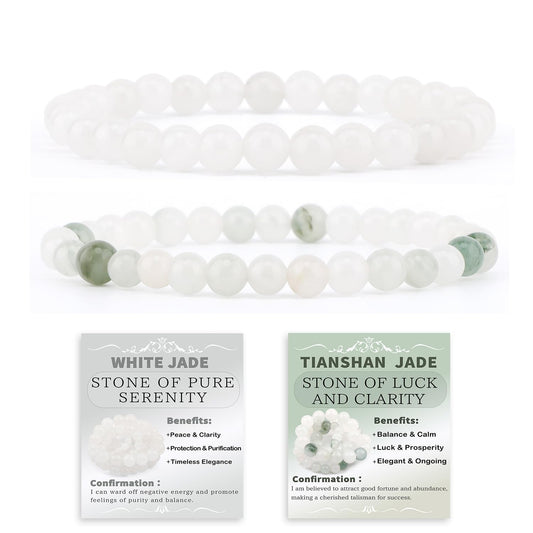 NCB 2-Piece 6mm Natural Crystal Gemstone Stretch Bracelets – ﻿Tianshan Jade, White Jade Handmade Reiki Energy Healing Jewelry for Meditation,Yoga, Unisex