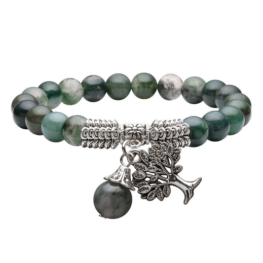Jovivi 8MM Natural Moss Agate Gemstone Tree Life Lucky Charm Stretch Bracelet