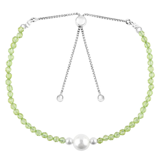 CRYSTALINES Natural Peridot Gemstone Bolo Bracelet, Cultured Pearl Beads Stones, Handmade Hypoallergenic Boho Jewelry for Women, Healing Crystals, Silver Plated 6+4inch, August Birthday Gift