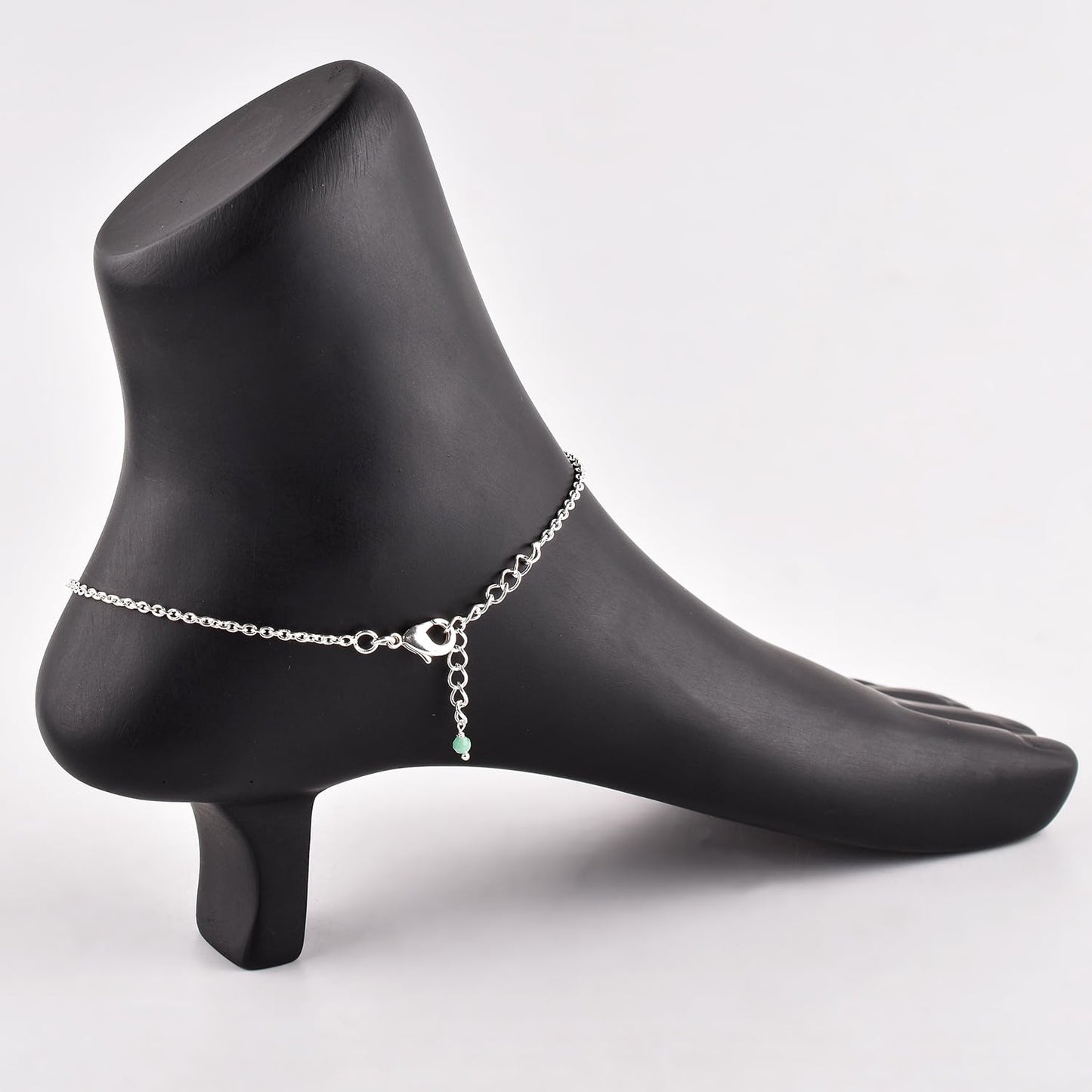 YANARA Emerald Ankle Bracelets for Women, Waterproof Anklets For Women, Natural May Birthstone Green Beaded Dainty Boho Summer Beach Jewelry, 9”+1.25” Adjustable Silver Plated Chain, Non Tarnish Foot Jewelry