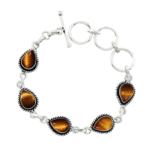 Natural Tiger Eye Silver Plated Link Bracelet for Women - Brown Stone November Birthstone Handmade Vintage Style Adjustable Bracelet - Anniversary Wedding Gifts for Her