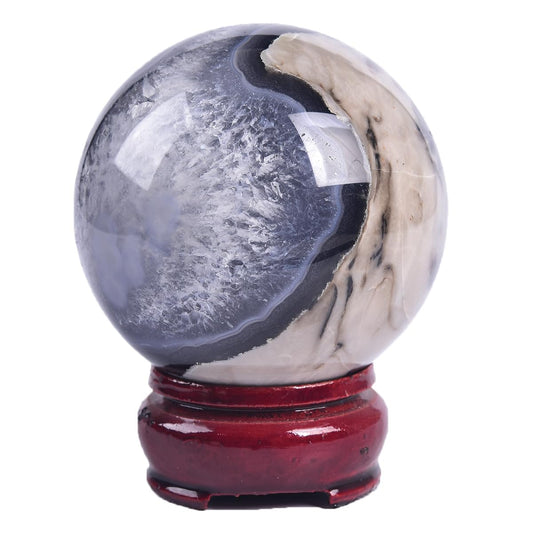 JIC Gem Volcanic Agate Crystal Sphere Large Quartz Crystal Ball with Stand Healing Ornament Witchcraft Meditation Decor 2.3-2.7 inch(60-70mm)