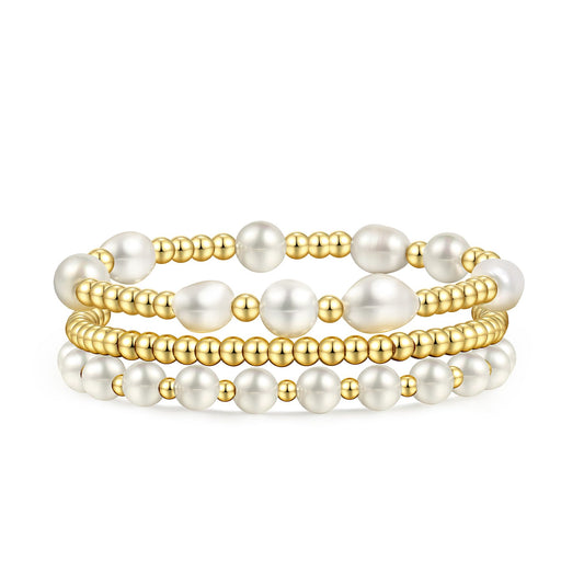 Gold Pearl Bracelets for Women Baroque Beaded Stackable14K Gold Plated Stretch Bead Ball Bracelet Jewelry Gifts （3PCS)