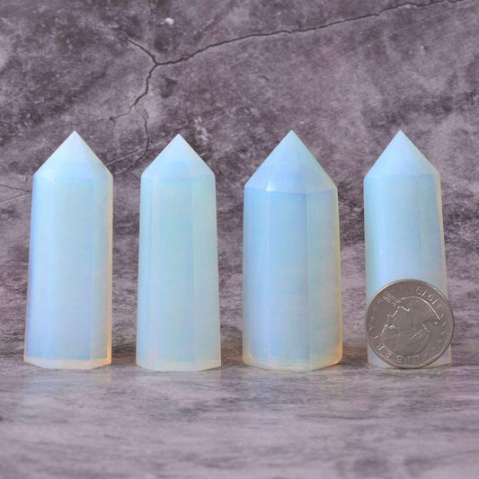 Angelstones Synthetic Opalite Moonstone Glass Healing Hexagonal Pointed Reiki Chakra Faceted Prism Wand Carved Figurine Home Decor