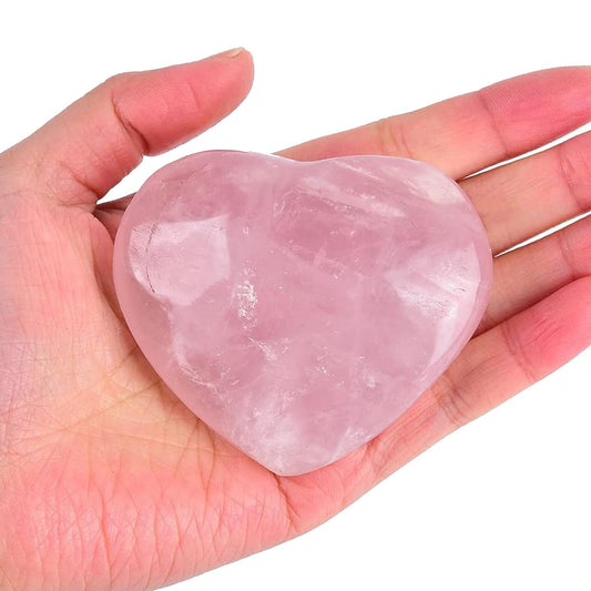 JIC Gem Heart Shaped Rose Quartz Crystal Healing Stone Large Pocket Palm Worry Stone with Display Stand Chakra Reiki Balancing 2.7"-2.9"