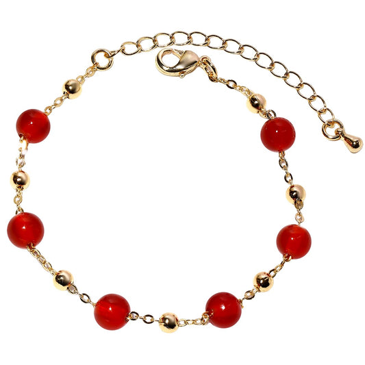 Xfoxstal 14K Gold Plated Chain Bracelets for Women Crystals and Stones Beaded Bracelets Jewelry Adjustable (Red Agate)