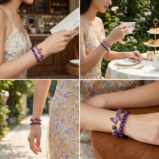 BELLA-Bee Natural Amethyst Healing Stone Bracelet Set for Women, Anxiety Relief Crystal Beaded Layered Bracelet with Butterfly Charm, Calming Spiritual Jewelry Gifts (Purple)
