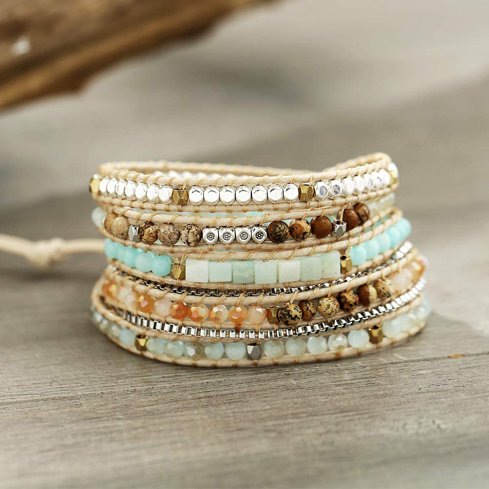 Plumiss Women Boho 5 Wraps Handmade Beaded Statement Stainless Steel Box Chain Bracelet Jewelry