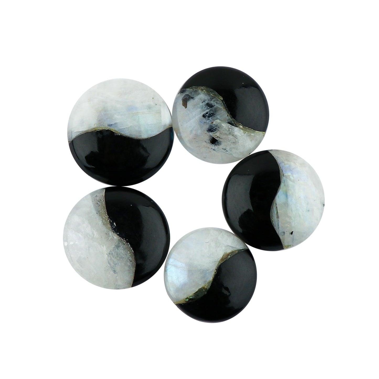 CRYSTALIS 5pcs Natural Moonstone & Black Agate, Ying Yang, Loose Gemstone Wholesale Bulk Cabochons Jewelry Making Supply, Chakra Healing Polished Stones, Wire Wrapping, DIY, Gem Collection, 20mm