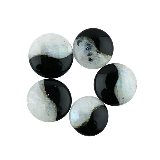CRYSTALIS 5pcs Natural Moonstone & Black Agate, Ying Yang, Loose Gemstone Wholesale Bulk Cabochons Jewelry Making Supply, Chakra Healing Polished Stones, Wire Wrapping, DIY, Gem Collection, 20mm