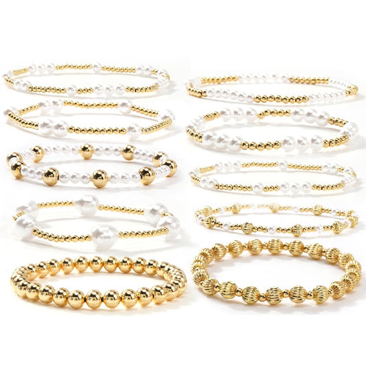 Dainty 14K Gold Pearl Beaded Bracelet Stack for Women,Handmade Bohemian Pearl Non Tarnish Stackable Bracelets Fashion Holiday Party Accessories Jewelry Gift Friendship