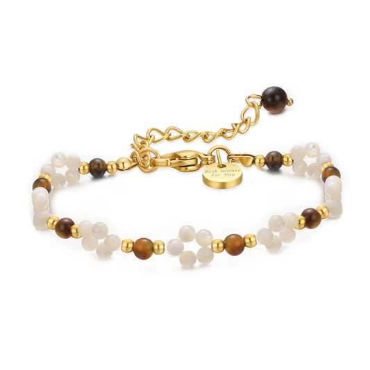 vissen White Pearl Flower Bracelet for Women Beaded Tiger Eye Stone 14K Gold Plated Adjustable Natural Stone Bracelets Dainty Jewelry